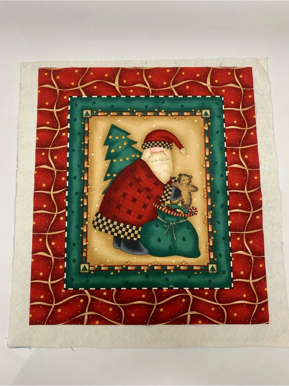 Festive Santa Holiday Single Block Fabric Panel Unfinished Red & Green 14” x 16”
